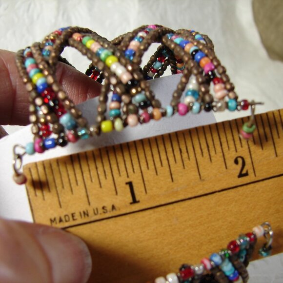 Vtg Criss Cross Wire & Bead 2" Cuff BRACELET, Bronze & Multicolored G26L - Picture 7 of 9